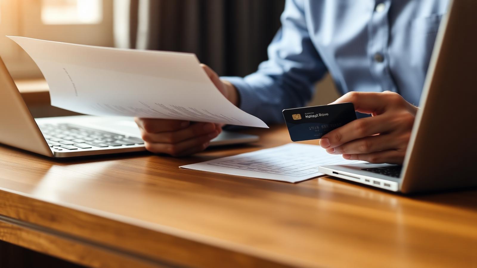 Business owner reviewing receipts and a business credit card at a desk