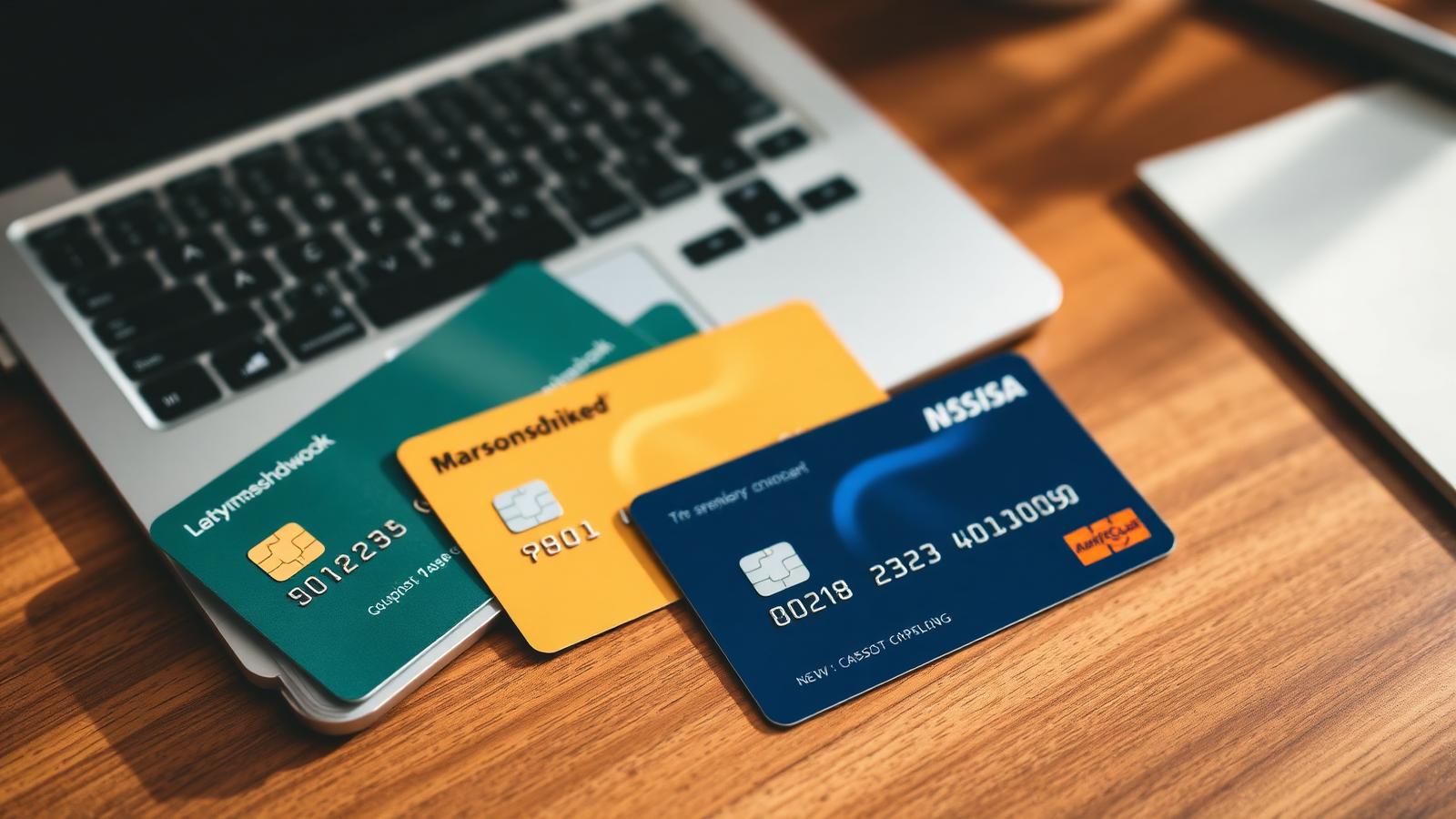 Three different business credit cards fanned out on a desk next to a laptop showing spending categories