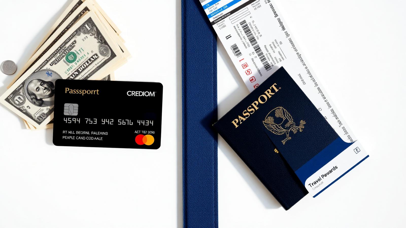 Split flat lay: cash and a cash back credit card on one side, passport and boarding pass with a travel rewards card on the other