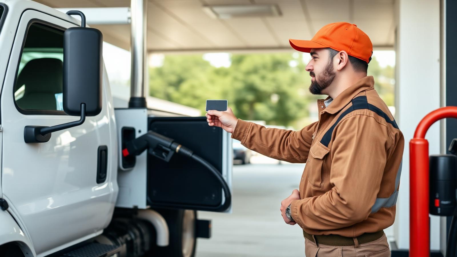 Contractor at a gas station fueling a work truck and paying with a business credit card