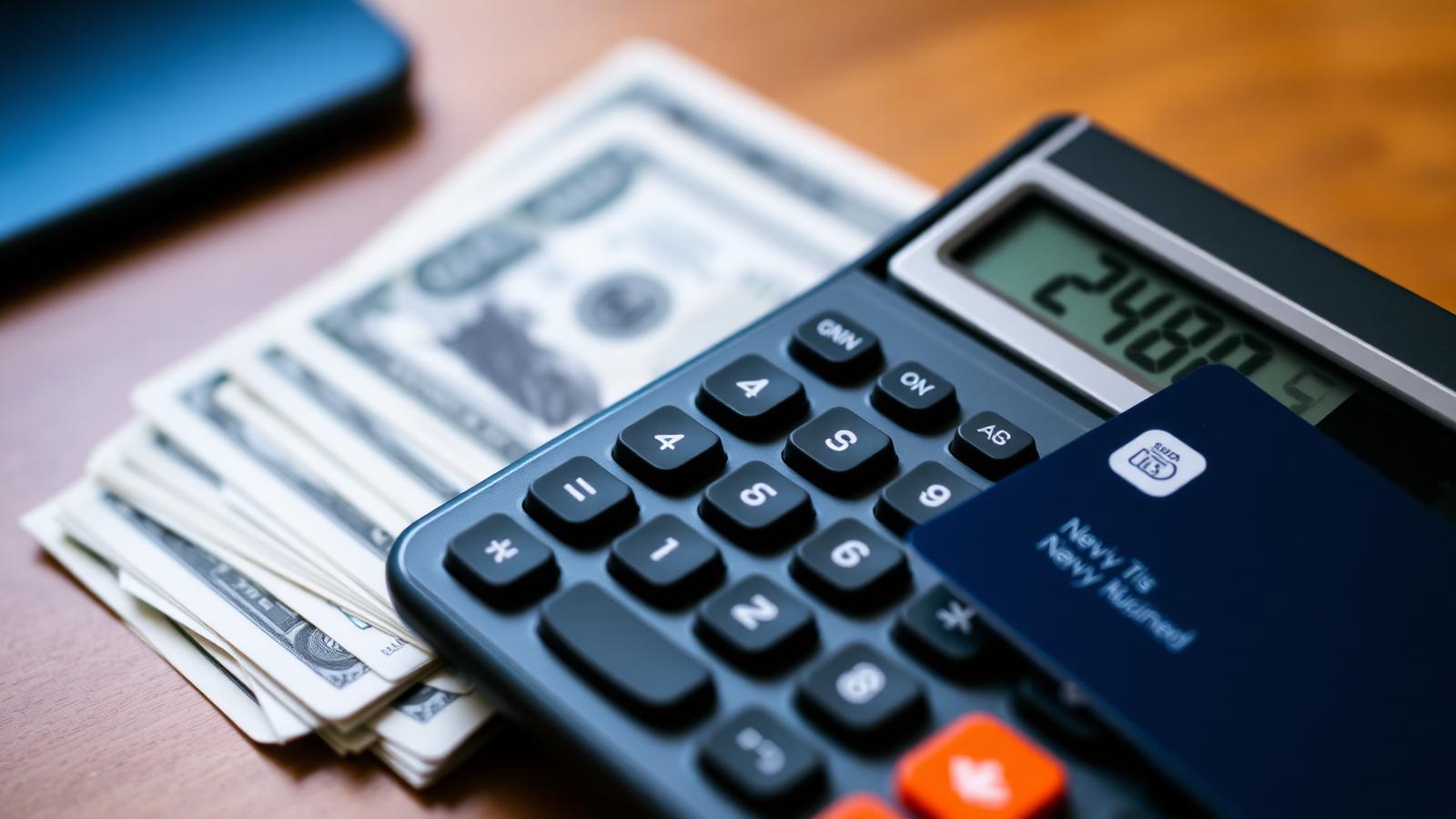 Calculator displaying $2,400 next to a stack of dollar bills and a navy business credit card