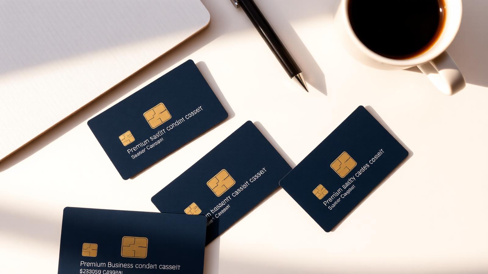 Three navy and gold business credit cards fanned on a clean desk next to a notebook and coffee